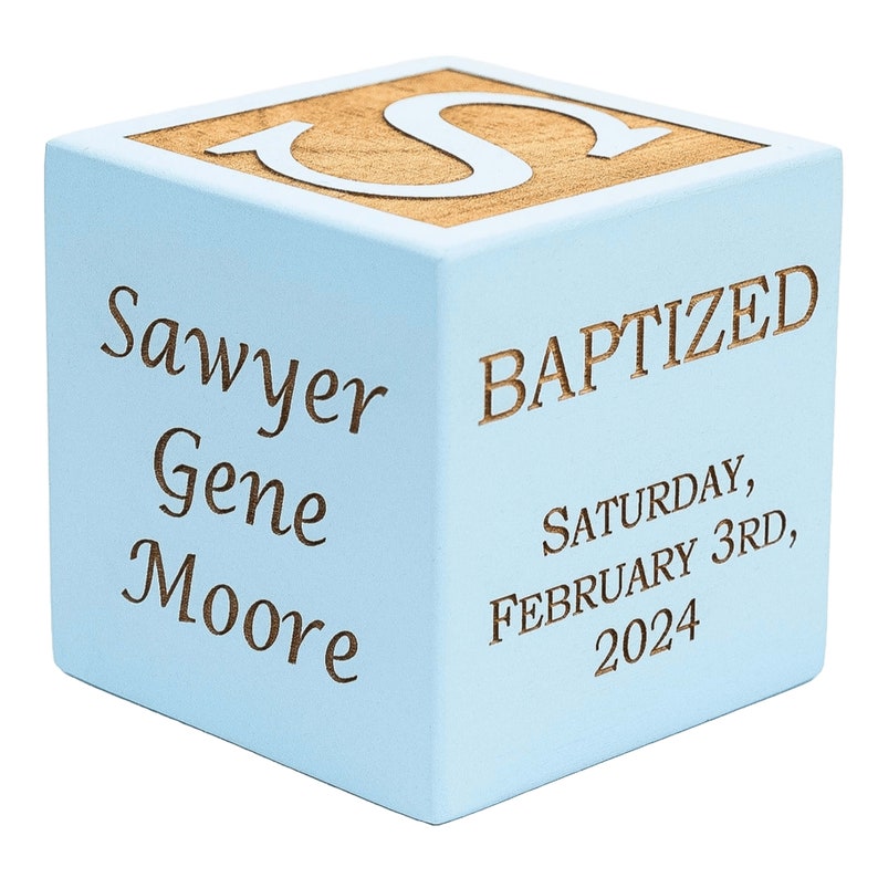 Personalized Baptism Gift, Baby Baptism Block, Baby Baptism Gift, Baby Dedication Gift, Wooden Engraved Baby Block, Unique Baptism Gift Blue