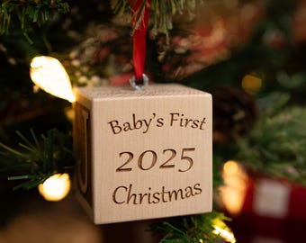 Baby's First Christmas Ornament 2025 (any year), Personalized Custom Wooden Baby Block with Ribbon