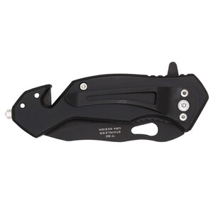 May include: Black folding knife with a safety feature and a bottle opener. The knife has a stainless steel blade and is marked "TF-903 STAINLESS USA DESIGN".