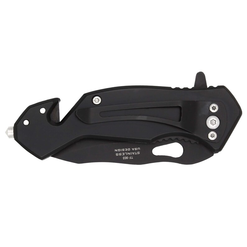 May include: Black folding knife with a safety feature and a bottle opener. The knife has a stainless steel blade and is marked "TF-903 STAINLESS USA DESIGN".
