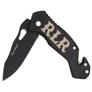 May include: Black pocket knife with a silver RLR logo on the handle. The knife has a safety feature and a bottle opener.