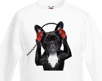French Bulldog DJ Kids Childrens Unisex Jumper Sweatshirt - Funny Dogs DJ Music Dog