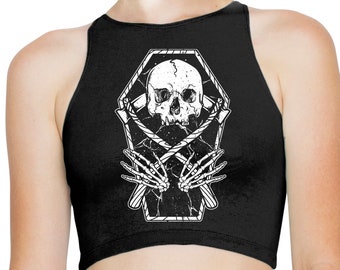 Grim Reaper Skeleton in Coffin Women's High Neck Sleeveless Crop Top