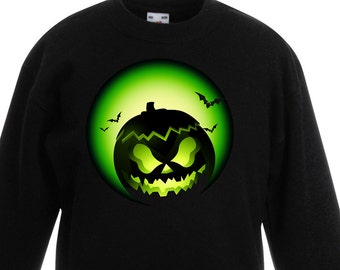 Halloween Pumpkin Green Unisex Kids Childrens Jumper Sweatshirt - Halloween Pumpkins Full Moon Bats Trick or Treat Fancy Dress Party
