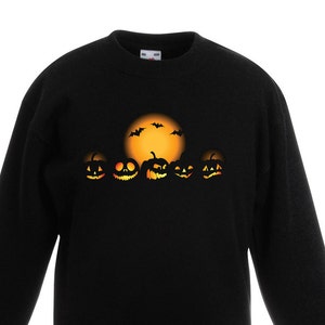 Halloween Pumpkin Unisex Kids Childrens Jumper Sweatshirt - Halloween Pumpkins Orange Full Moon Bats Trick or Treat Fancy Dress Party