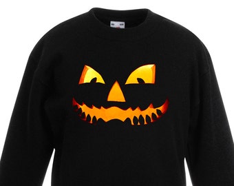 Halloween Pumpkin Face Unisex Kids Childrens Jumper Sweatshirt - Halloween Pumpkins Full Moon Bats Trick or Treat Fancy Dress Party