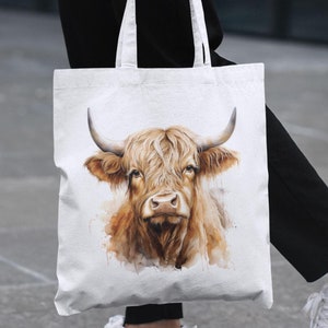 Sac Fourre-tout En Coton Blanc - Tote Bag Highland Cattle - Design Graphique Vache Highland - Tribal T-Shirts