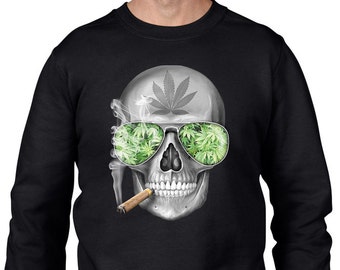 Weed Skull Men's Sweatshirt Jumper - Marijuana Weed Leaf Cannabis Skulls Spliff Joint Stoner Skeleton