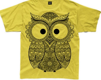 Owl Henna Pattern Large Print Kids Children's T-Shirt - Owl Bird Wildlife