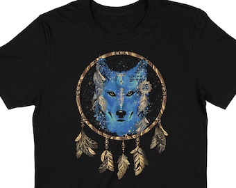 Wolf Dreamcatcher Blue Gold Boho Hipster Camiseta de Hombre