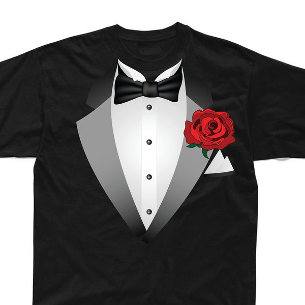 Tuxedo Unisex Childrens Kids T Shirt - Fancy Dress Suit Bow Tie - Black or White