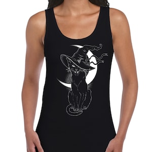Zwarte heksen kat met hoed Halloween vrouwen Tank Vest Top