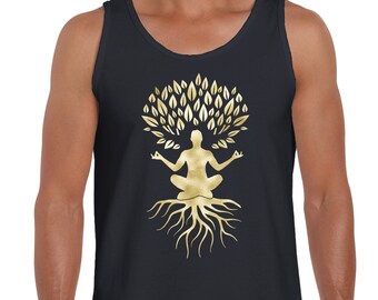 May include: A black tank top with a gold-colored design of a person sitting in a yoga pose with a tree growing out of their head and roots extending from their body.