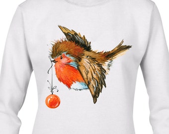 Christmas Robin With Bauble Women's Christmas Sweatshirt Jumper - Robin Festive Bauble