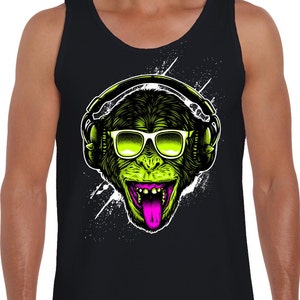 May include: A black tank top featuring a green monkey wearing sunglasses and headphones. The monkey has a pink tongue sticking out.