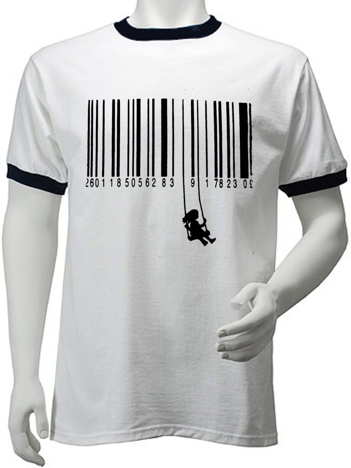 Image of Banksy Barcode Swing Girl Men's Ringer T-Shirt