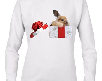 Christmas Rabbit in a Gift Box Women's Christmas Sweatshirt Jumper