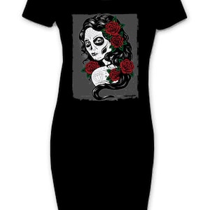 Day Of The Dead Tattoo Girl Short Sleeve T-Shirt Dress