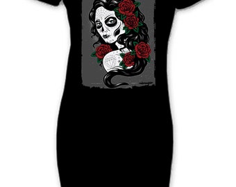 Day Of The Dead Tattoo Girl Short Sleeve T-Shirt Dress