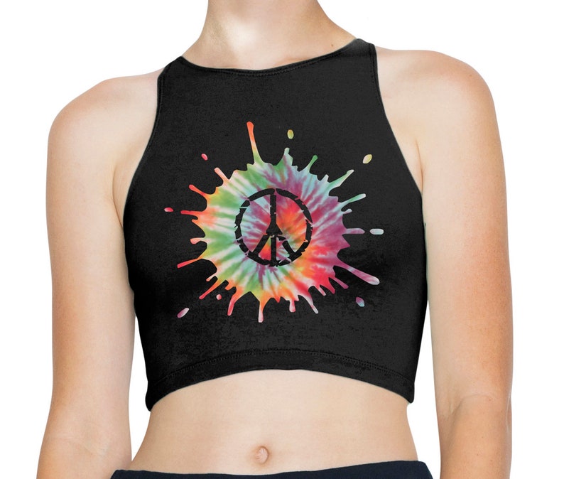 CND Peace Symbol Psychedelic Splash Women/'s High Neck Sleeveless Crop Top