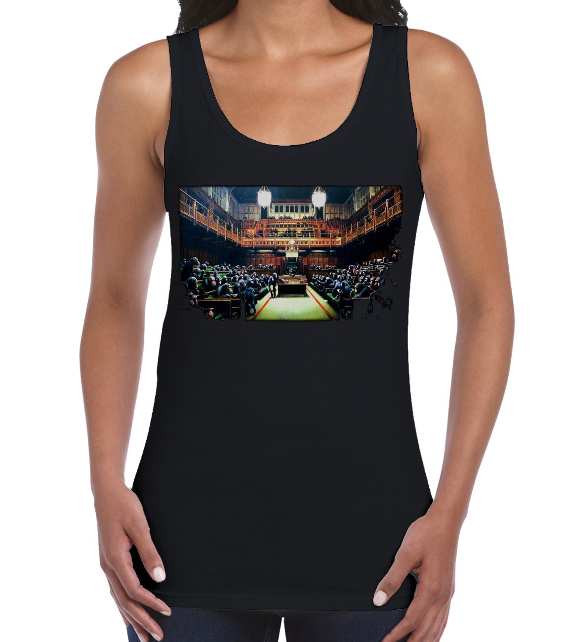 Image of Banksy Monkey Parliament Women's Vest Tank Top - Graffiti Art