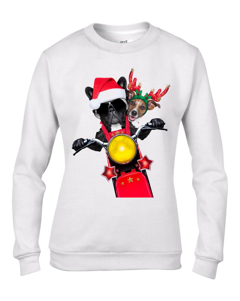 French Bulldog And Jack Russell Santa Claus Women/'s Christmas Jumper Biker Dogs Animals