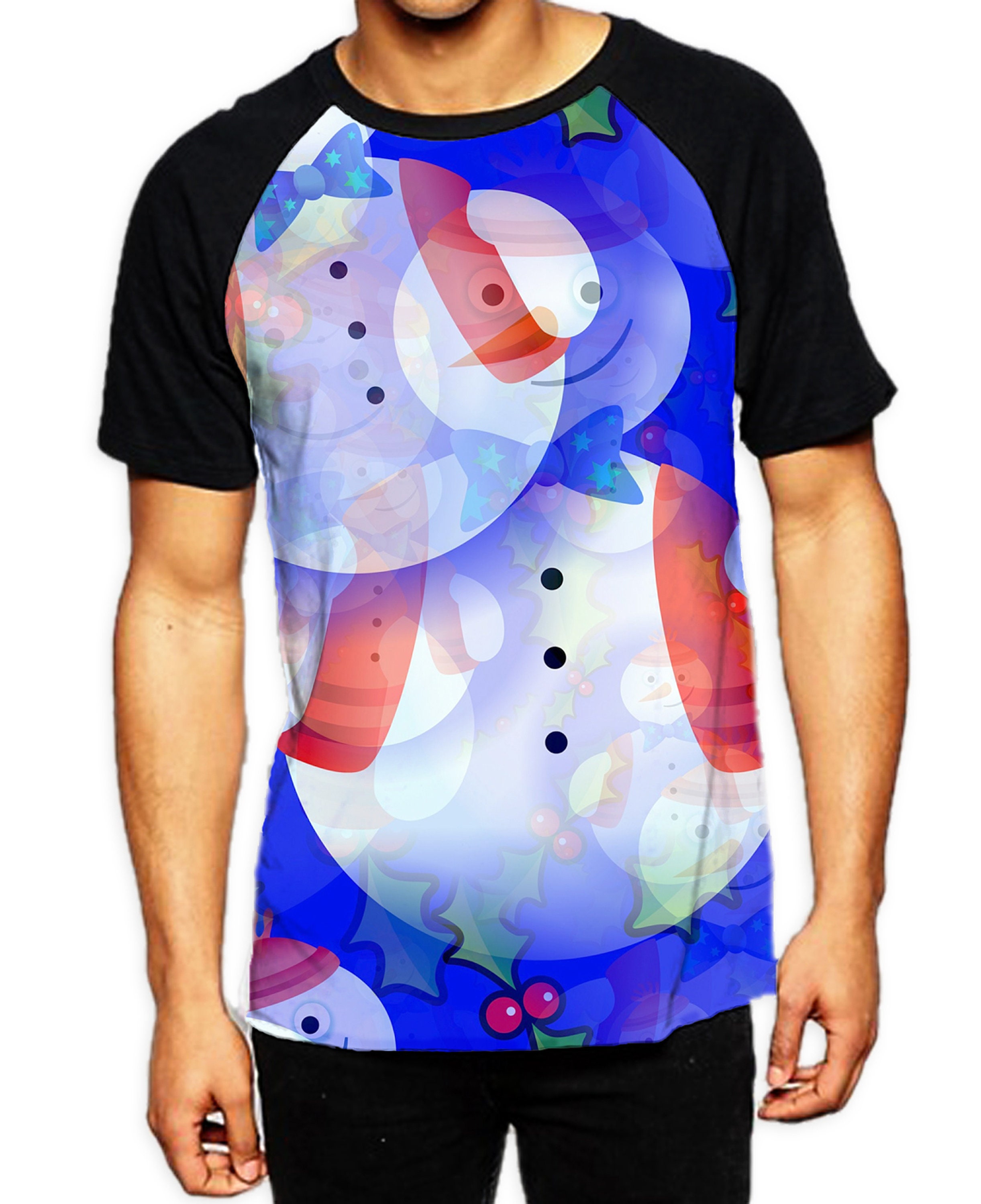 Image of Abstract Snowman Pattern Men's All Over Graphic Contrast Baseball T Shirt