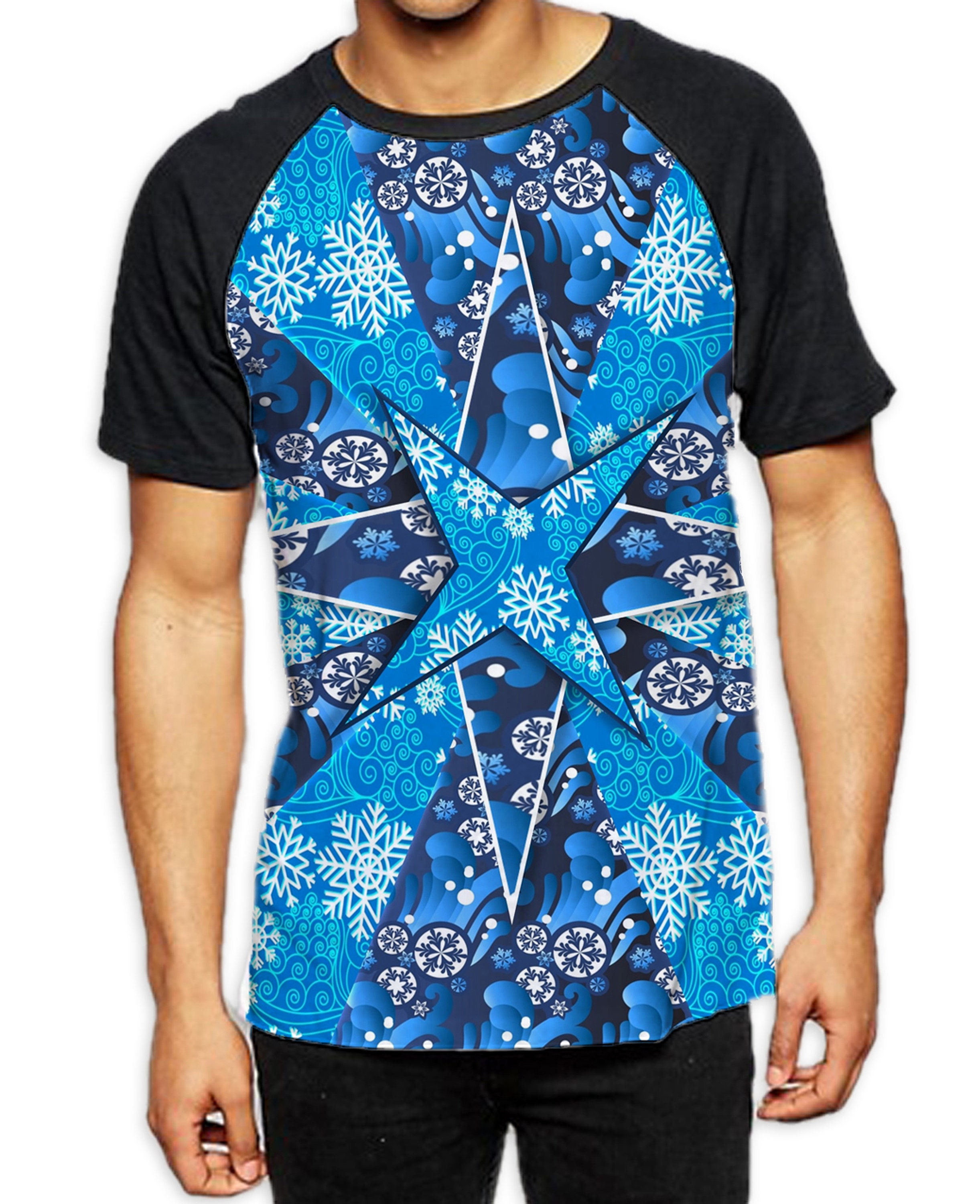 Image of Abstract Christmas Snowflake Men's All Over Graphic Contrast Baseball T Shirt