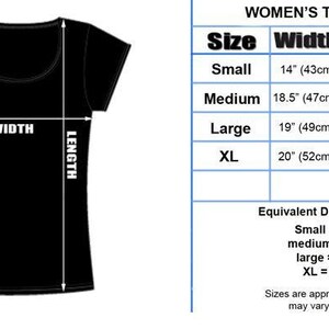 May include: A black t-shirt with measurements for width and length in inches and centimeters. The size chart shows the corresponding dress size for each t-shirt size.