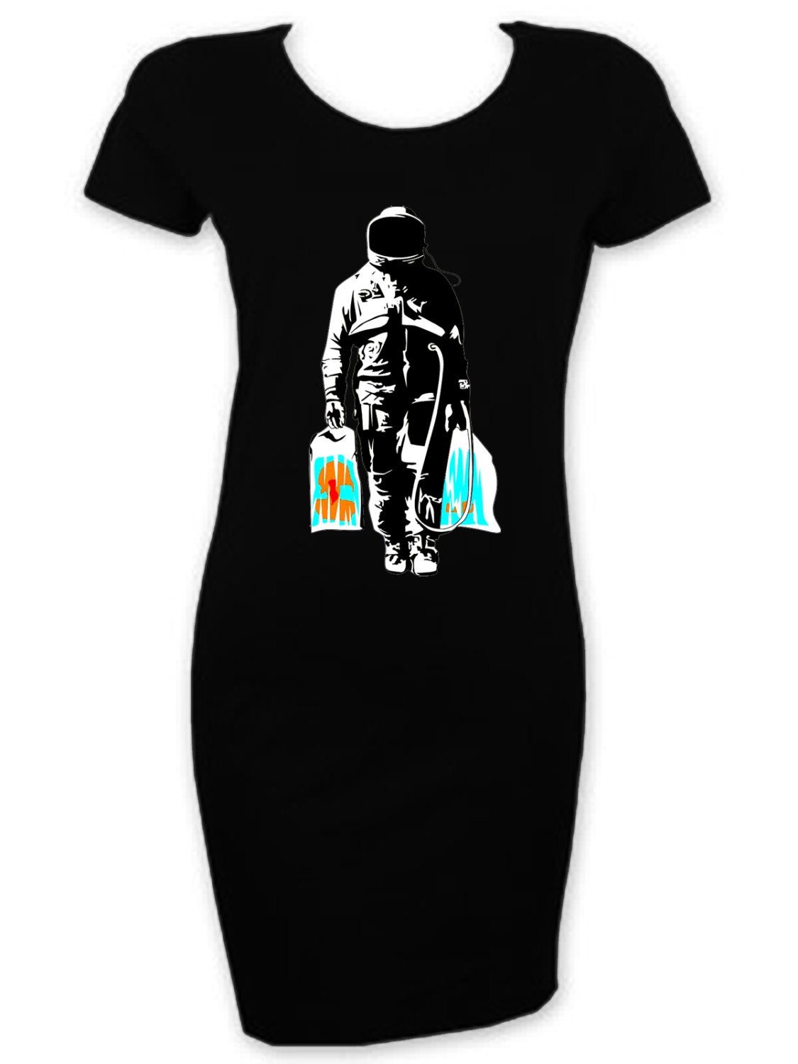 Image of Banksy Spaceman With Shopping Short Sleeve T-Shirt Dress