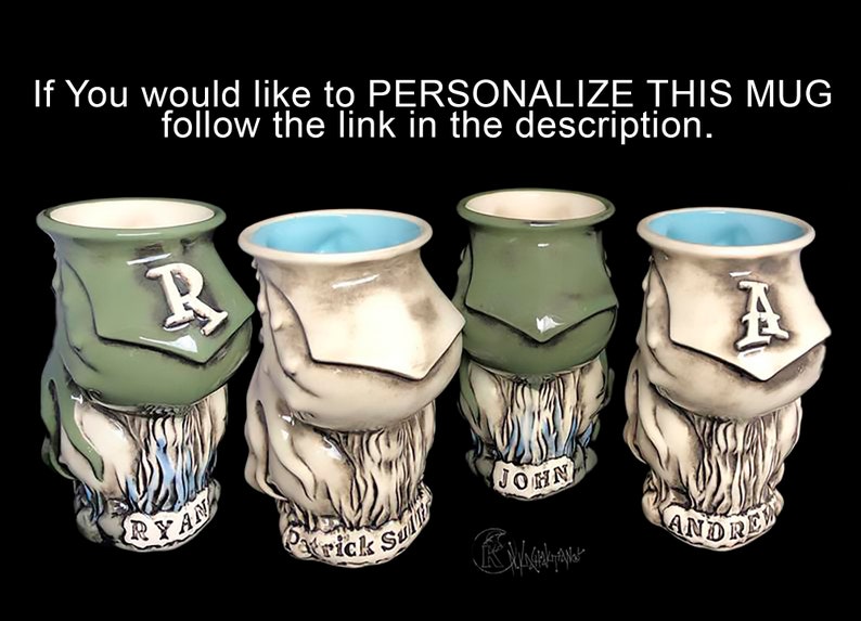 May include: Four ceramic mugs with different designs and names. The mugs are green, white, and brown with blue accents. The names on the mugs are Ryan, Patrick Sullivan, John, and Andrew.