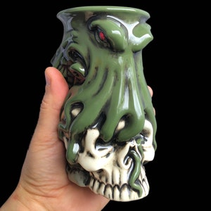 Cthulhu Tiki Mug , Octopus Mug , Colorful Hand painted Porcelain , Green octopus mug , Skull mug
