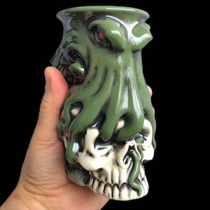 Cthulhu Tiki Mug , Octopus Mug , Colorful Hand painted Porcelain , Green octopus mug , Skull mug