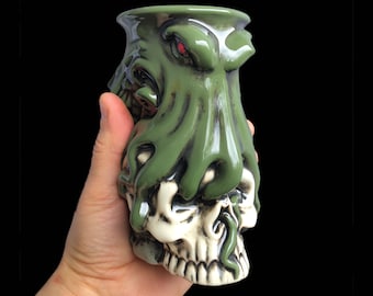 Cthulhu Tiki Mug , Octopus Mug , Colorful Hand painted Porcelain , Green octopus mug , Skull mug