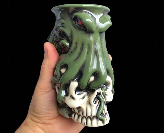 Cthulhu Tiki Mug: Hand-Painted Green Octopus Skull Mug