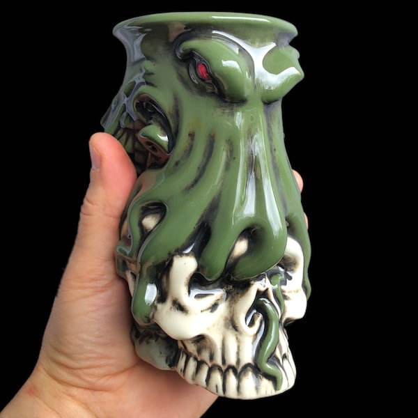 Cthulhu Tiki Mug: Hand-Painted Green Octopus Skull Mug