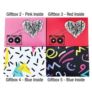 May include: Four square gift boxes with different designs. Two boxes feature a cassette tape and a heart made of scribbled lines. The other two boxes have geometric and abstract patterns. Text on the boxes reads "Giftbox 2 - Pink Inside", "Giftbox 3 - Red Inside", "Giftbox 4 - Blue Inside", and "Giftbox 5 - Blue Inside".