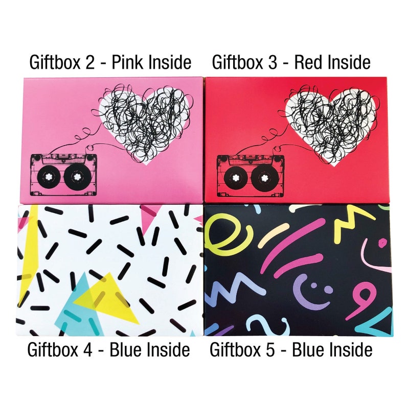 May include: Four gift boxes with different designs. The top two boxes have a pink and red background with a heart and a cassette tape. The bottom two boxes have a white and black background with geometric shapes.
