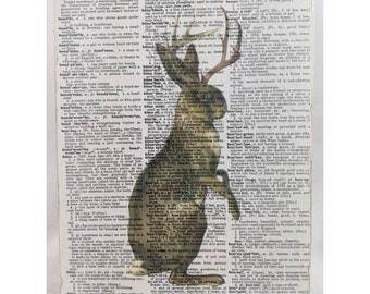May include: A vintage dictionary page with a brown rabbit illustration. The rabbit has large antlers and is standing on its hind legs. The dictionary page has a brown background and white text. The text includes words like "bonded", "bone", "bouche", "bonnet", and "bonneting".