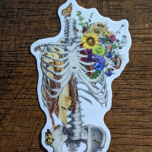 May include: A white sticker with a detailed illustration of a human skeleton with a bouquet of flowers and honeycomb in the chest cavity. The flowers are in shades of yellow, purple, and blue. There are bees and butterflies flying around the skeleton. The sticker has the text "TattoDecoArt" at the bottom.
