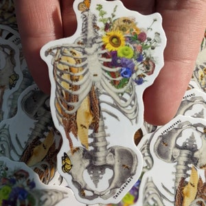 May include: A white sticker with a detailed illustration of a human skeleton with a honeycomb pattern inside the rib cage. The skeleton is adorned with a bouquet of colorful flowers, including sunflowers, bluebells, and butterflies.