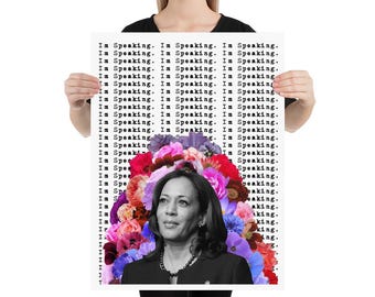 May include: A black and white portrait of a woman with flowers in her hair. The text "Im Speaking. Im Speaking. Im Speaking." is repeated multiple times in the background.