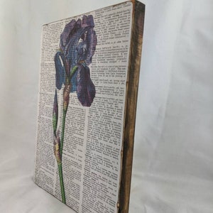 May include: A purple and green iris flower printed on a white background with black text. The print is mounted on a wooden frame.