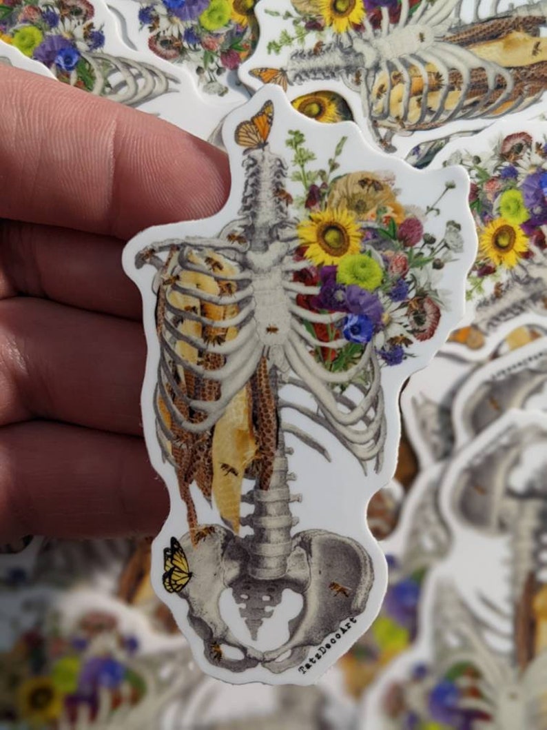 May include: A white sticker with a detailed illustration of a human skeleton with a bouquet of flowers and bees inside the rib cage. The sticker has the text "TataDooDaArt" at the bottom.