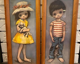 1960's Ozz Franco Big Eyes 2 Prints Of Boy And Girl Original Frames Vintage