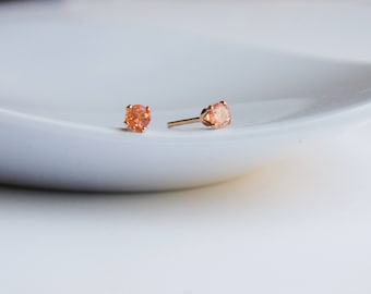 Tiny small 3mm round faceted peach orange flecked sunstone gemstone 14k gold filled stud earrings, sunstone jewelry, gift for her