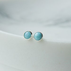 Tiny small 3mm round pale blue larimar gemstone sterling silver stud earrings