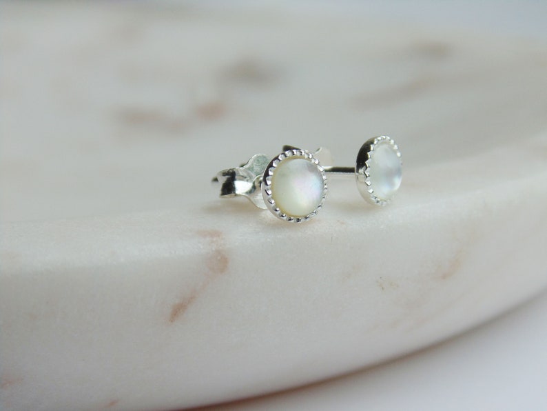 dainty silver studs Tiny White 4mm round mother of pearl studs earrings sterling silver bridesmaid bridal jewellery gift gift for her