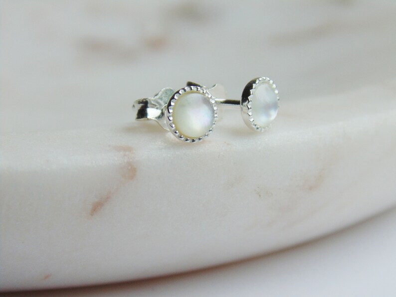 dainty silver studs Tiny White 4mm round mother of pearl studs earrings sterling silver bridesmaid bridal jewellery gift gift for her