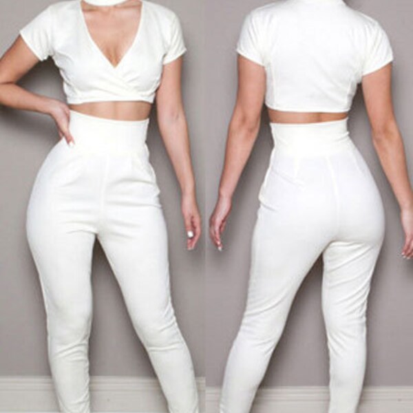 Sexy White 2 Piece High Waist Pants & Cropped Top